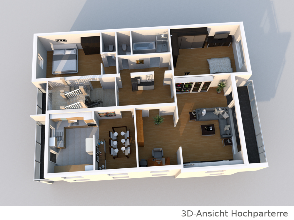 3D Grundriss Hochparterre Haus kaufen Stuttgart / Hofen